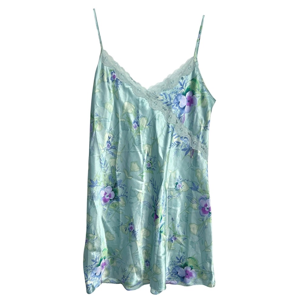 Y2K Fairy Floral Satin Lace Chemise Slip Dress L Nightgown Aqua Romantic